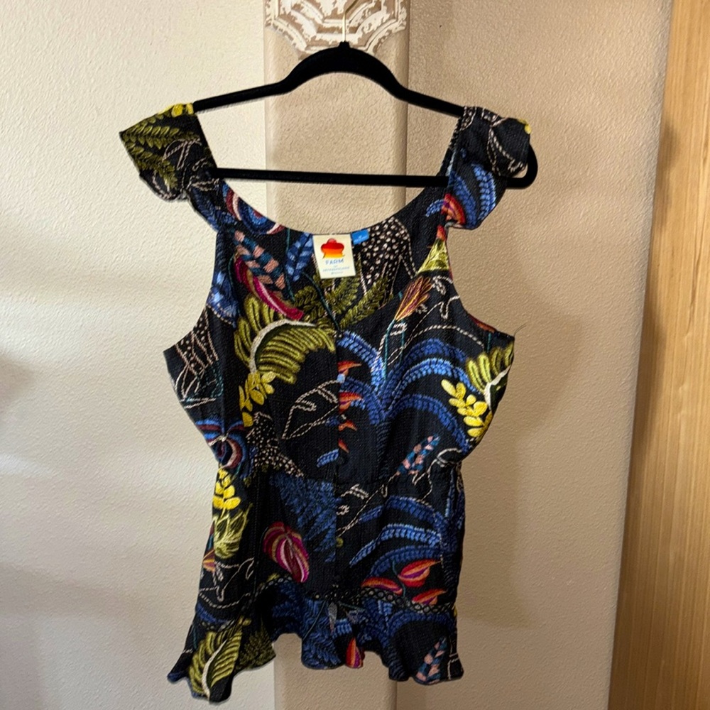 Anthropologie Black Floral Print Tank Top with Blue & Yellow Accents